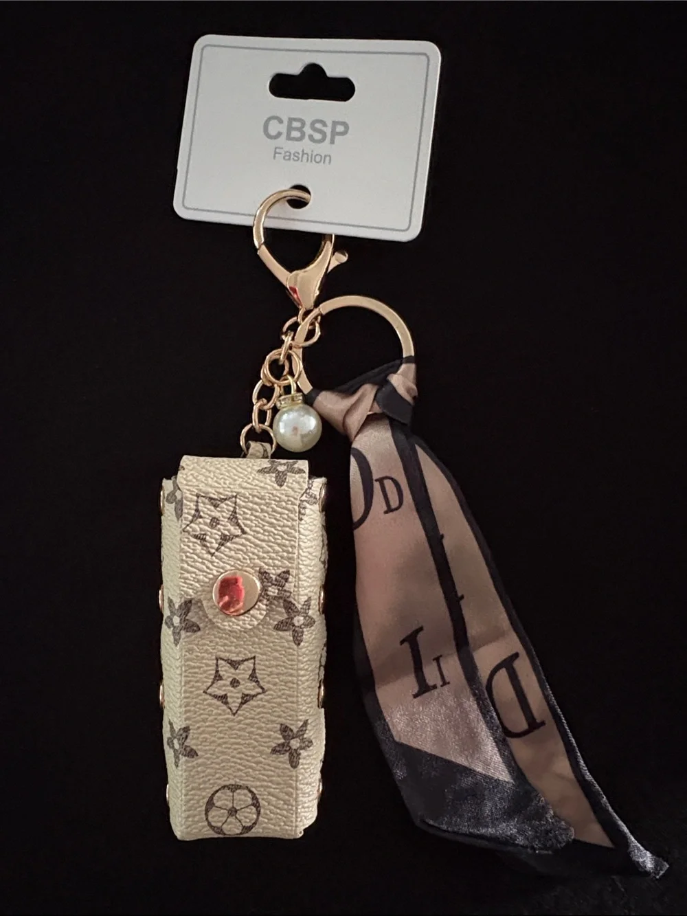 Gold-Tone Fashion Monogram Printed Keychain Bag Charm with Scarf and Pearl Charm